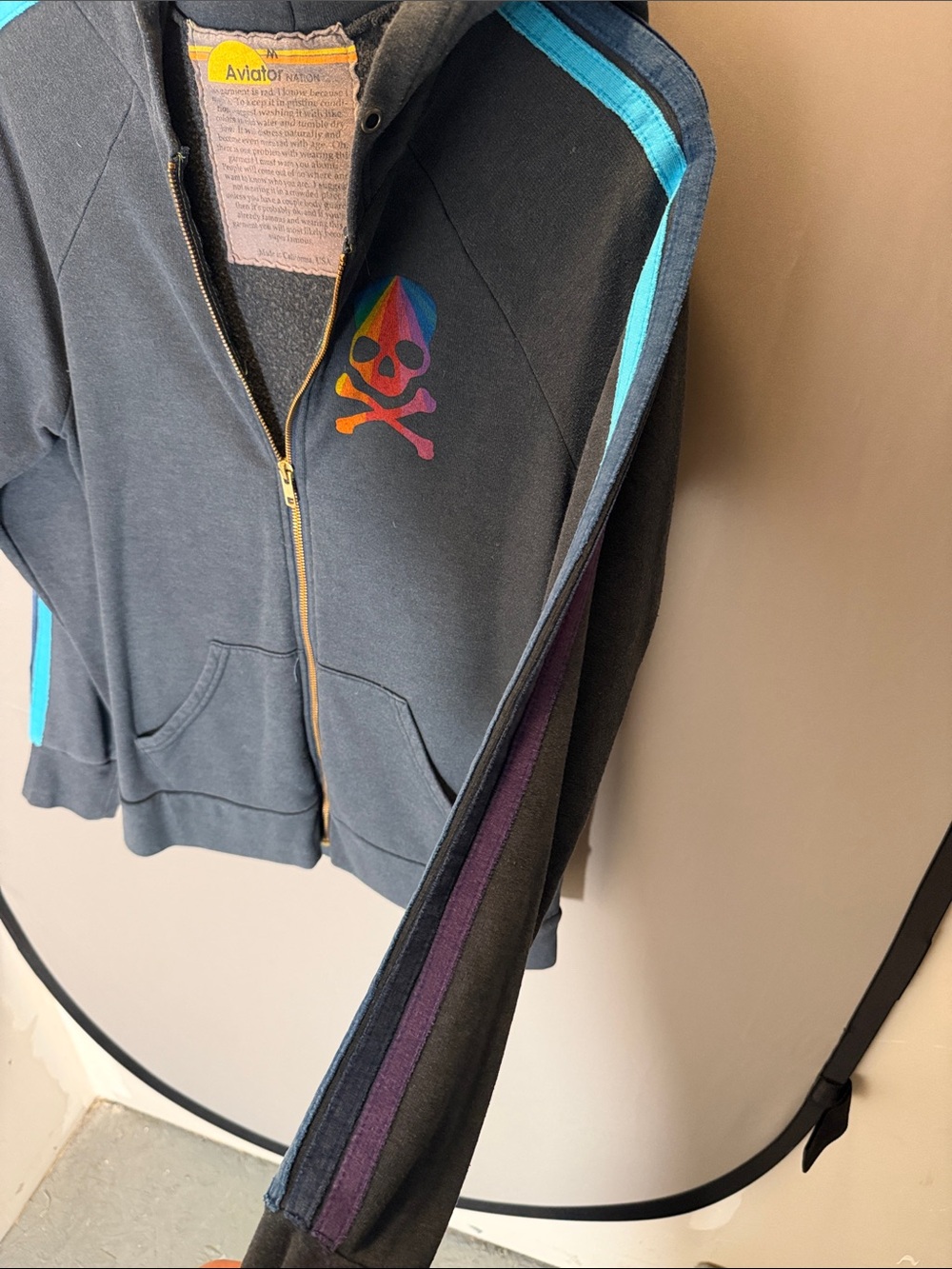 SoulCycle x Aviator Nation Collab Navy Zip Hoodie with Rainbow Skull - Picture 4 of 4